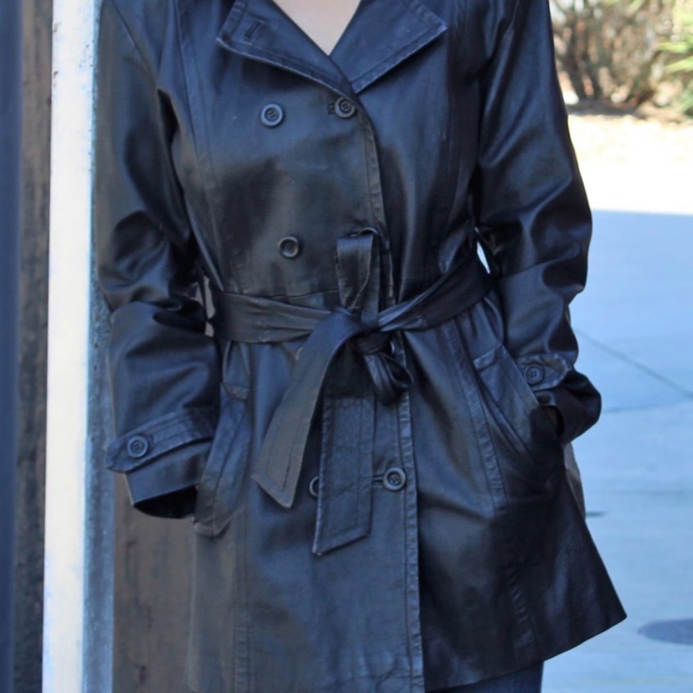 Vintage 1980s Leather Coat Giorgio Sant’Angelo Hooded Trench Coat Black Designer